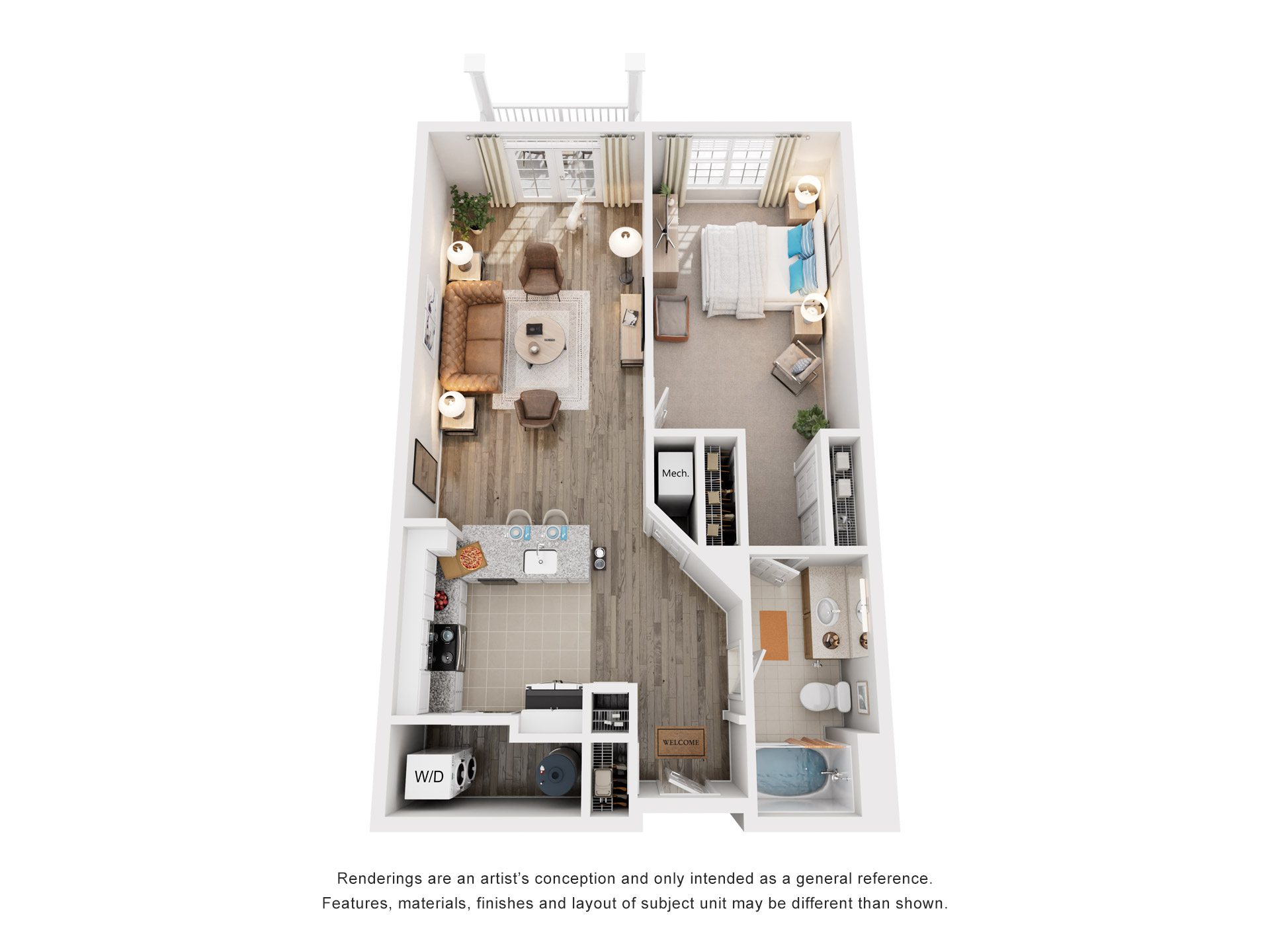 Floor plan for 1 bed, 1 bath, 859 sqft